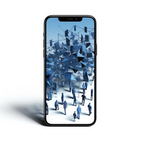 a smartphone with a group of people standing in front of itの素材