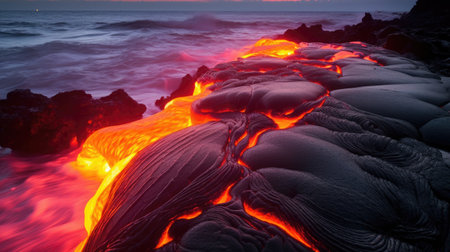 Volcanic lava flow on the beach at sunsetの素材