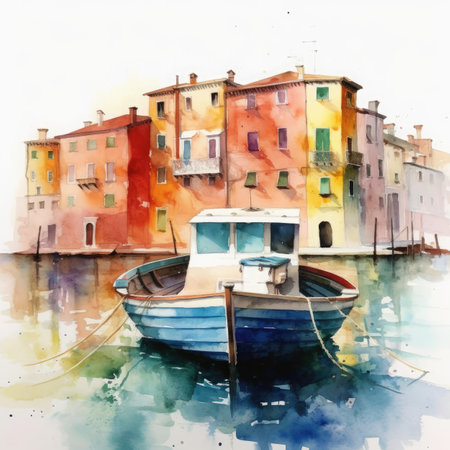 Watercolor Boat in Cityの素材