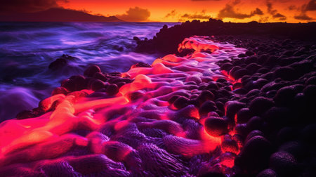 Colorful sunset over the sea with waves crashing on the rocks and forming ripplesの素材