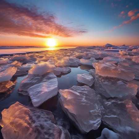 Ice hummocks on the shore of Lake Baikal at sunsetの素材