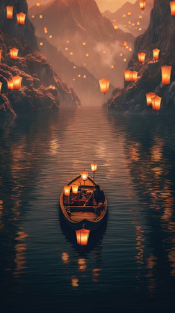 a small boat floating in the sea with lanternsの素材