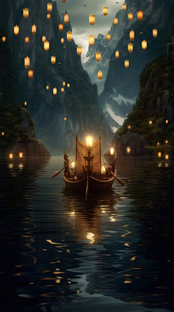 Fantasy Landscape with Boat and Lanterns in the Dark Seaの素材