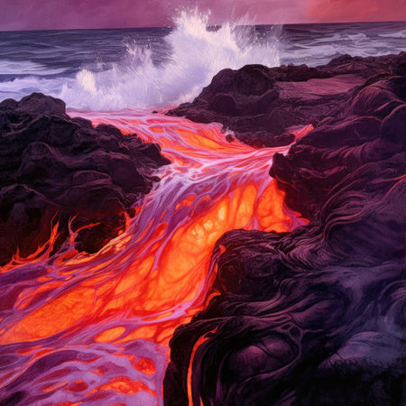 Hawaiian lava flow at sunset.の素材