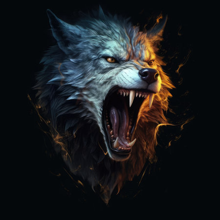 angry wolf on a black background with fire and flamesの素材