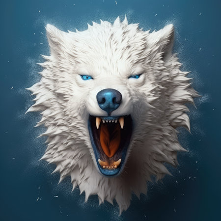 White wolf with blue eyes and mouth open.の素材