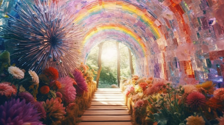 Rainbow and flowers in the garden at sunset. Abstract background.の素材