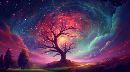 Fantasy landscape with a big tree in the sky full of starsの素材