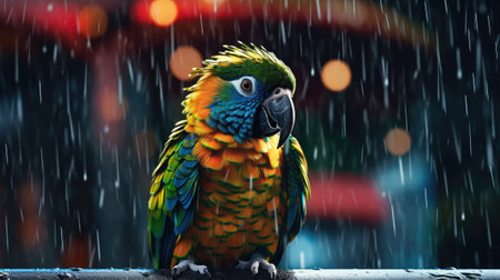 Colorful macaw parrot in rain on a rainy day.の素材