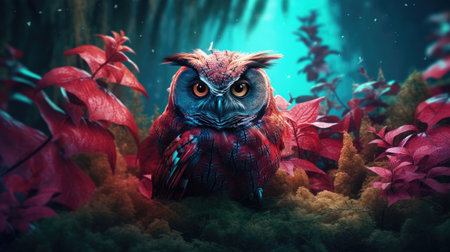 An owl sitting in a pond with red plantsの素材