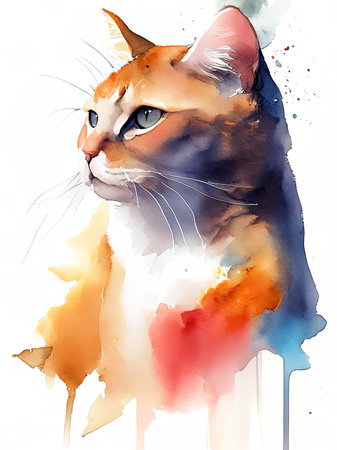 Watercolor painting of a cat with orange and blue spots on a white backgroundの素材