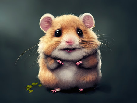 Cute hamster sits on a dark background with a flower.の素材