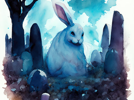 Watercolor painting of a white rabbit on a background of trees.の素材