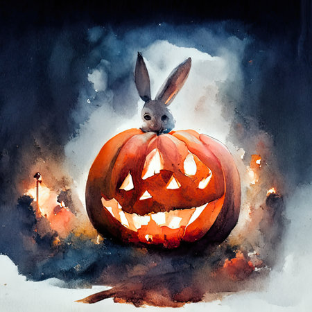 Watercolor jack-o-lantern with rabbit ears.の素材
