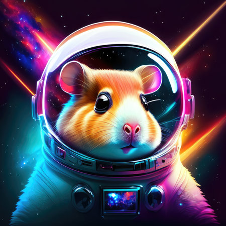 Cute cartoon hamster in space helmet on a cosmic background.の素材