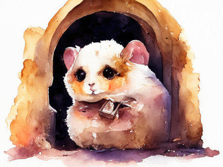 Watercolor hamster in the hamster house on white backgroundの素材