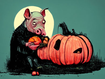 Pig with pumpkins. Halloween illustration.の素材