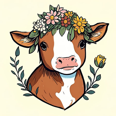 Cute cow with floral wreath on her head.の素材