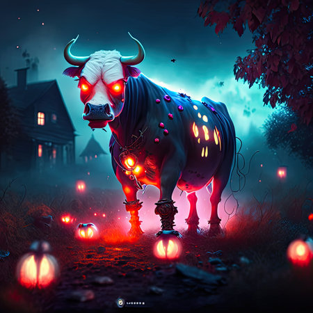 Cow in the forest at night. Halloween scene.の素材