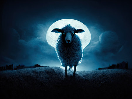 Sheep in the field at night with moon in the background.の素材