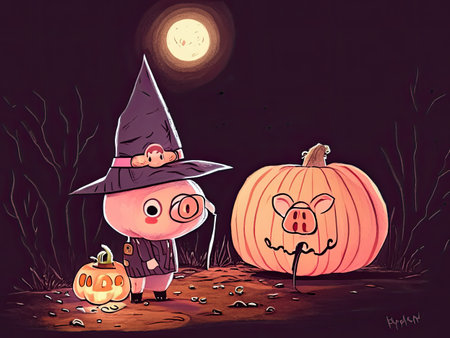 Cute cartoon pig in witch costume with pumpkins on Halloween nightの素材
