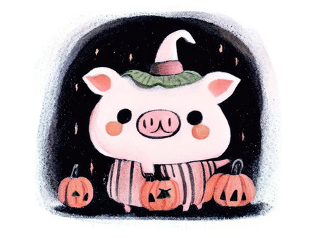 Cute pig in a witch hat with pumpkins for Halloween.の素材