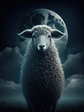 Sheep in the night sky with moonの素材