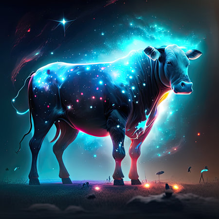 a cow in a surreal landscape with lights and starsの素材