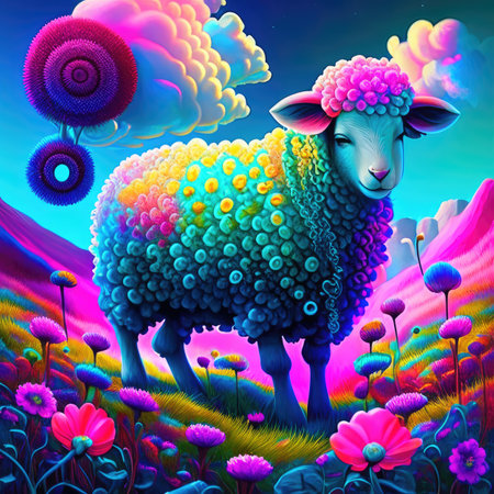 Sheep with flowers in the meadow.の素材