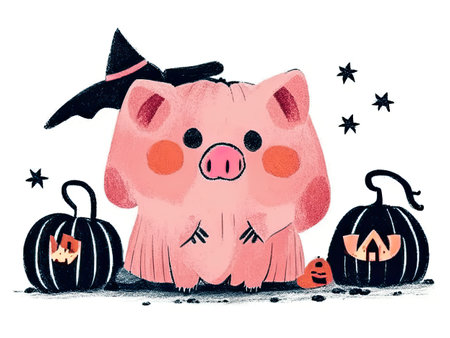 Cute piggy and pumpkins for Halloween.の素材