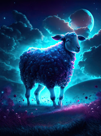Sheep in the night sky with cloudsの素材