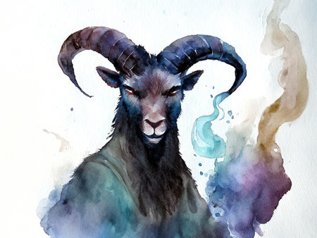 Watercolor goat on a white background with smoke.の素材