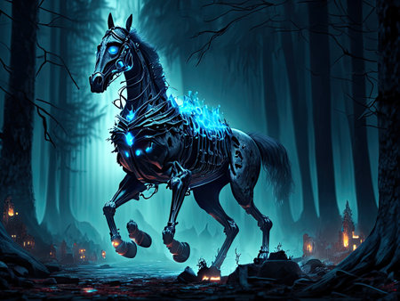 Horse in the dark forest. Halloween backgroundの素材