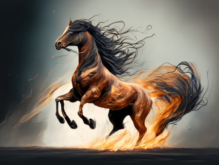 Horse with long mane flying in the sky with fire effectの素材