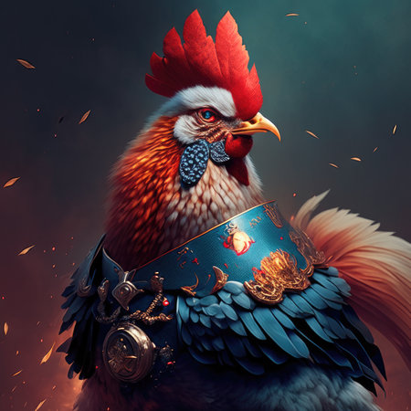 Fantasy rooster with a shield on his head.の素材