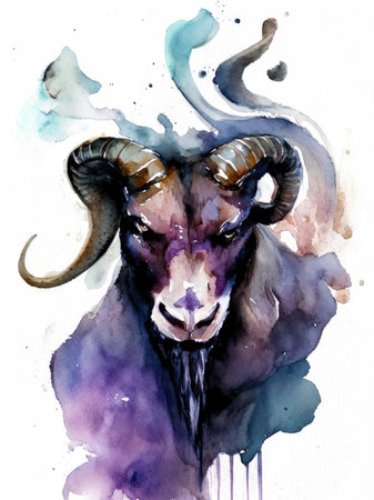Watercolor ram head with horns on a white backgroundの素材