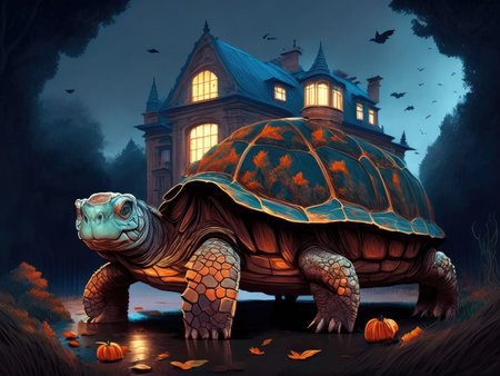 Halloween background with a tortoise in front of a haunted houseの素材