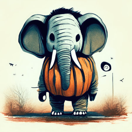 Cute elephant with pumpkin in hand in retro style.の素材