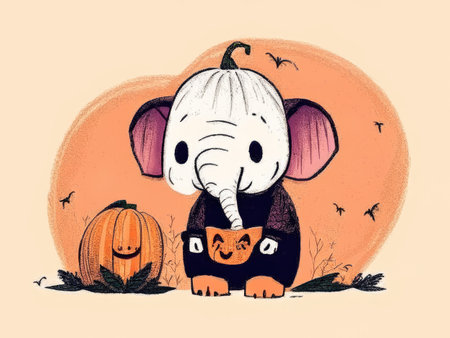 Cute cartoon elephant with pumpkins and bats.の素材