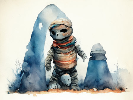 Fantasy illustration of a little boy in a spacesuit with a snowmanの素材