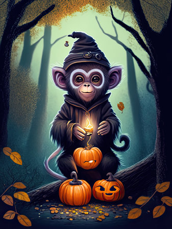 Cute cartoon monkey with pumpkins in the forest.の素材