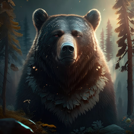 a wild brown bear in the forest at nightの素材