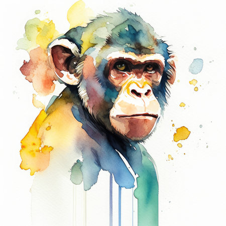 watercolor portrait of a chimpanzee on a white backgroundの素材