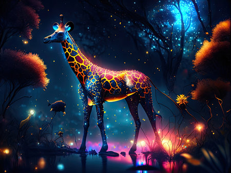 Giraffe in the night forest. Abstract background.の素材