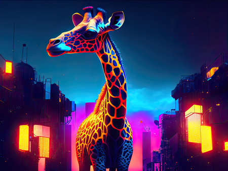 Giraffe in the city at night.の素材