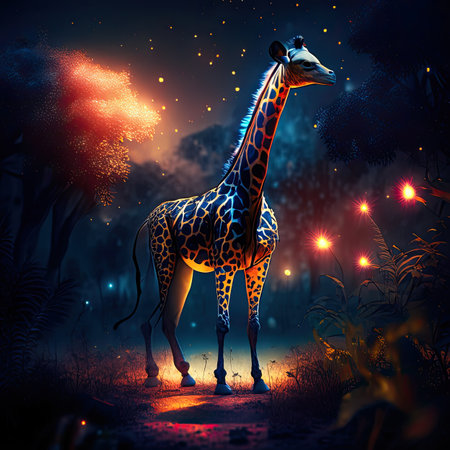 Giraffe in the forest at night.の素材