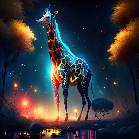 Giraffe in the night forest. Illustration of wild animal.の素材