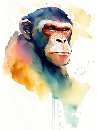 Watercolor Chimpanzee on white backgroundの素材