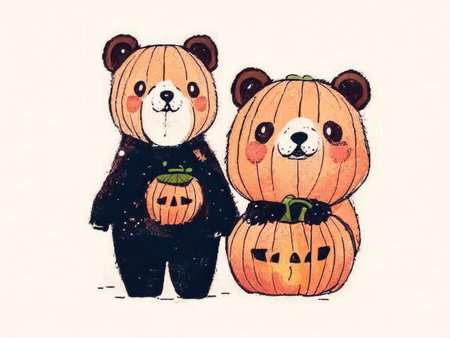 Two cute panda bears in Halloween pumpkins on a white backgroundの素材