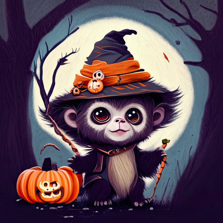 Cute monkey in witch hat with pumpkins. Halloween illustration.の素材